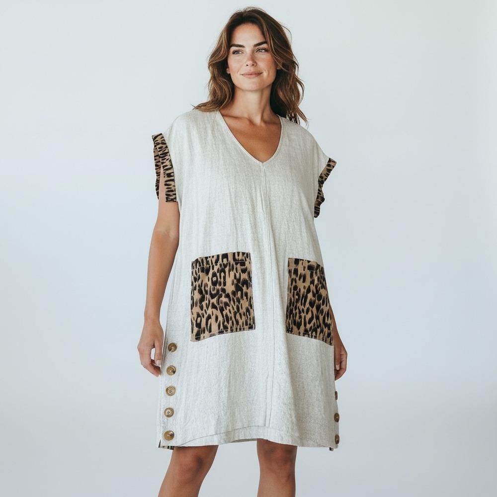 Umgee Womens Linen Blend‎ Leopard Print Pocket Side Button Shift Dress C2431 M